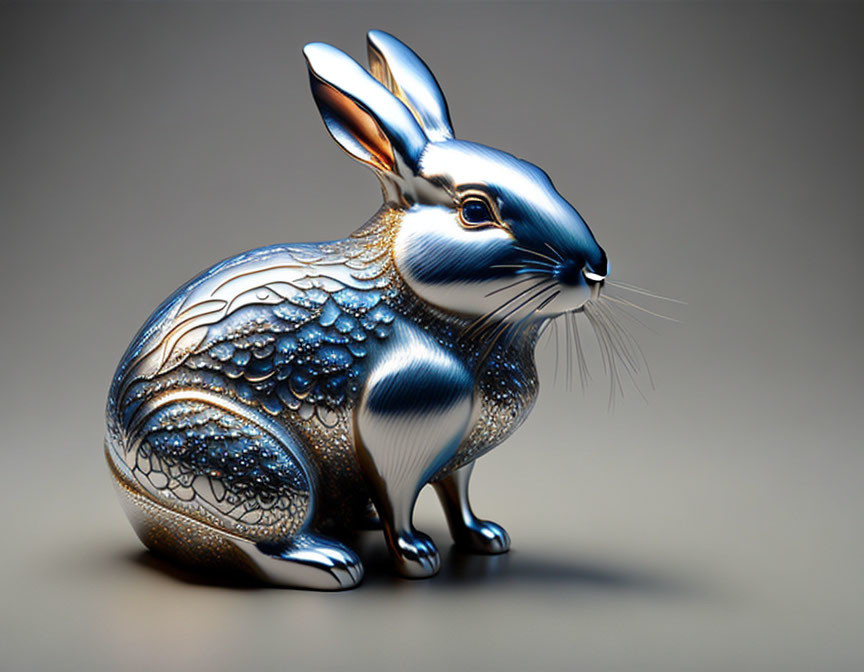 Intricately designed metallic rabbit figure on neutral background