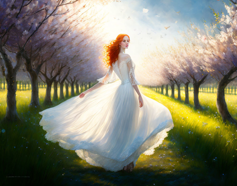 Red-haired woman in white gown among blossoming trees under sunlight.