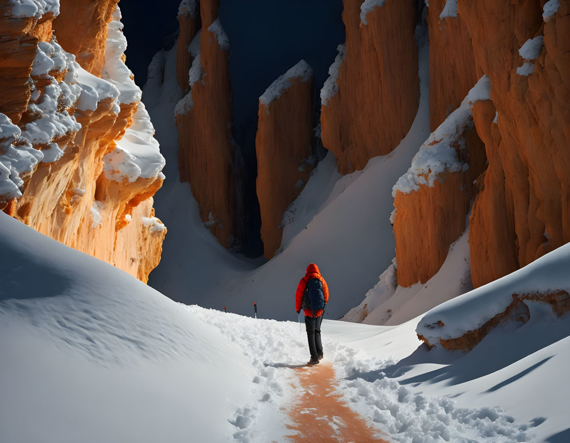 Person in Red Jacket Standing in Snowy Canyon with Towering Orange Cliffs