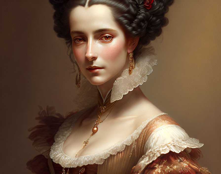 Victorian-style portrait of elegant woman in ornate dress and gold jewelry