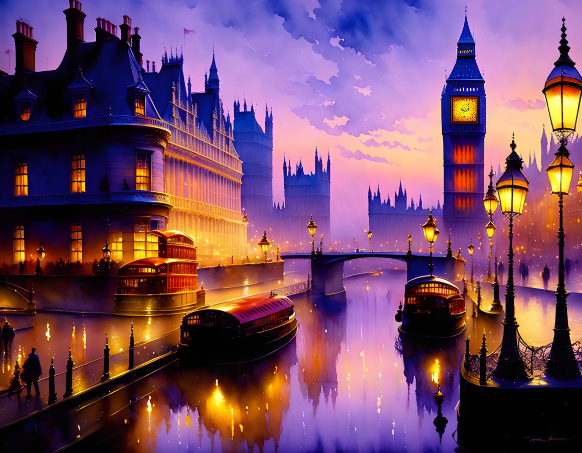 Colorful London skyline illustration at dusk with iconic landmarks and double-decker buses.