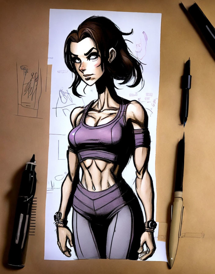 Stylized female character with brown hair in athletic attire on sketchpad with drawing tools