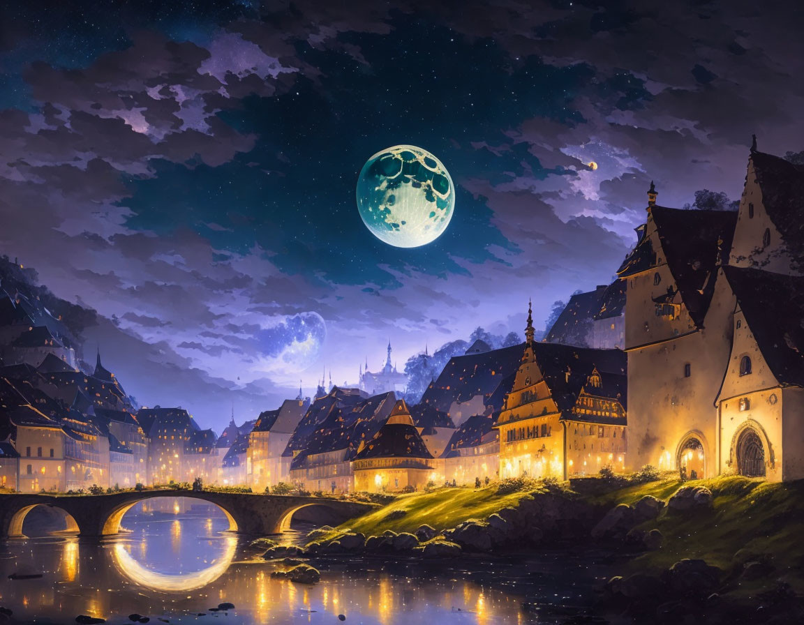 Medieval fantasy town at night with illuminated buildings, stone bridge, river, starry sky, detailed