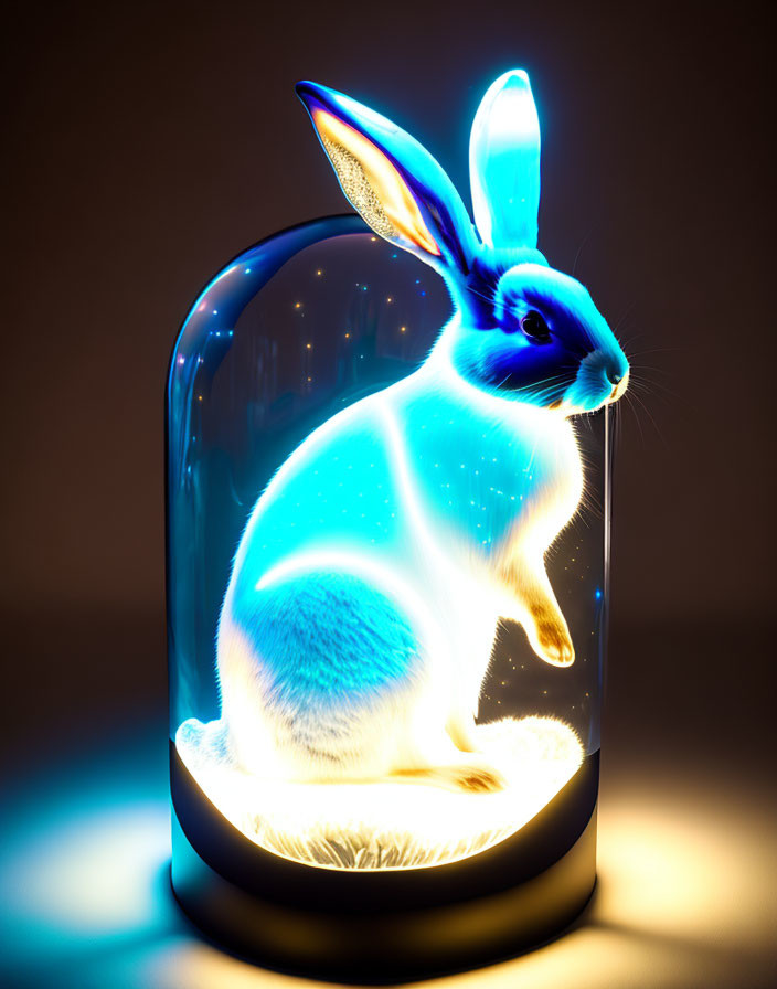 Luminescent Blue Rabbit Sculpture in Glass Dome Against Dark Background