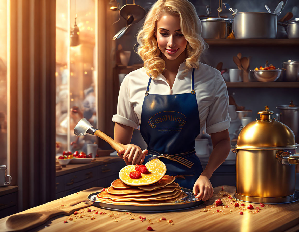 Woman in apron decorates pancakes with strawberries in cozy kitchen