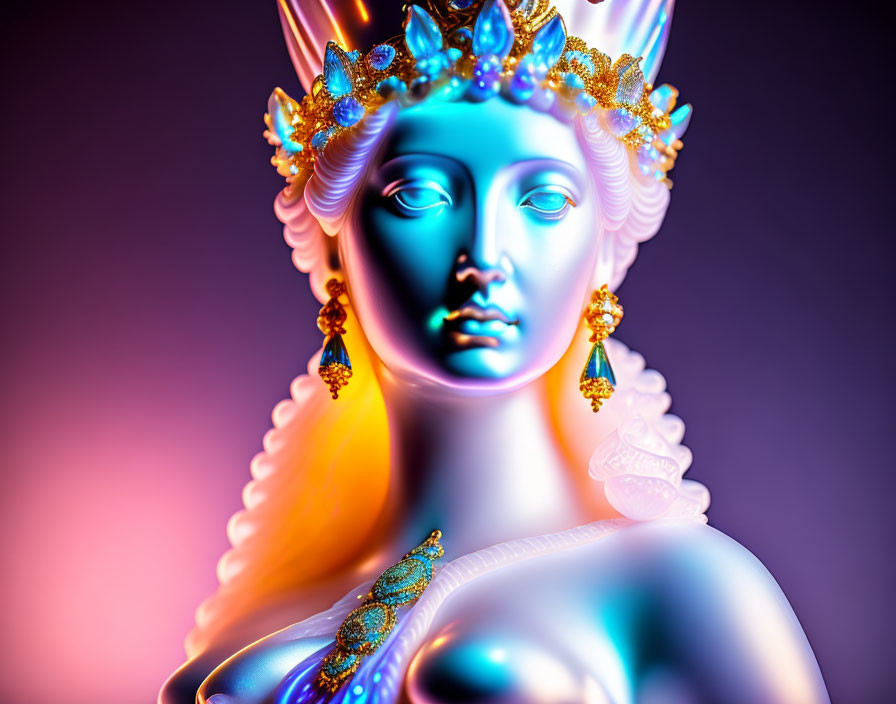 Colorful classical statue bust with golden crown and jewelry on purple gradient backdrop