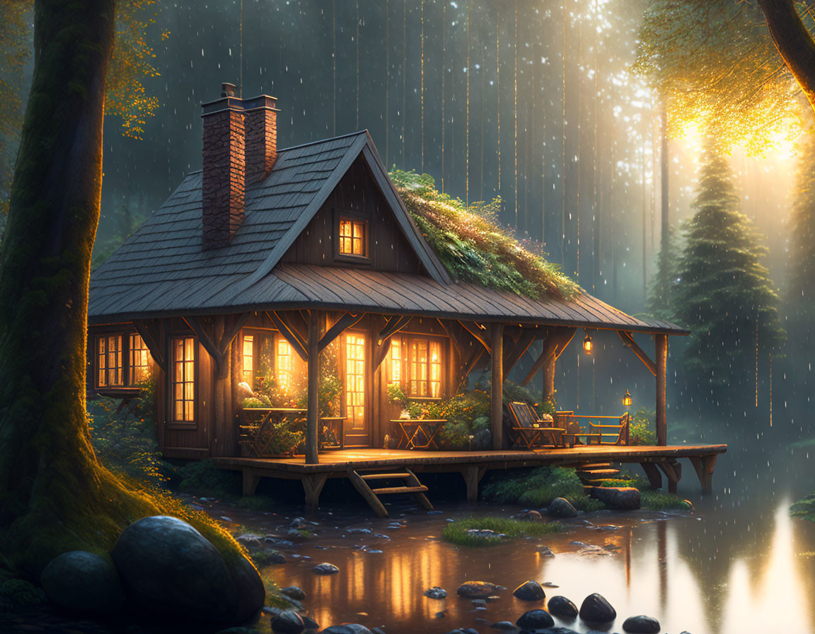 Wooden cabin with grass-covered roof in lush forest twilight rain