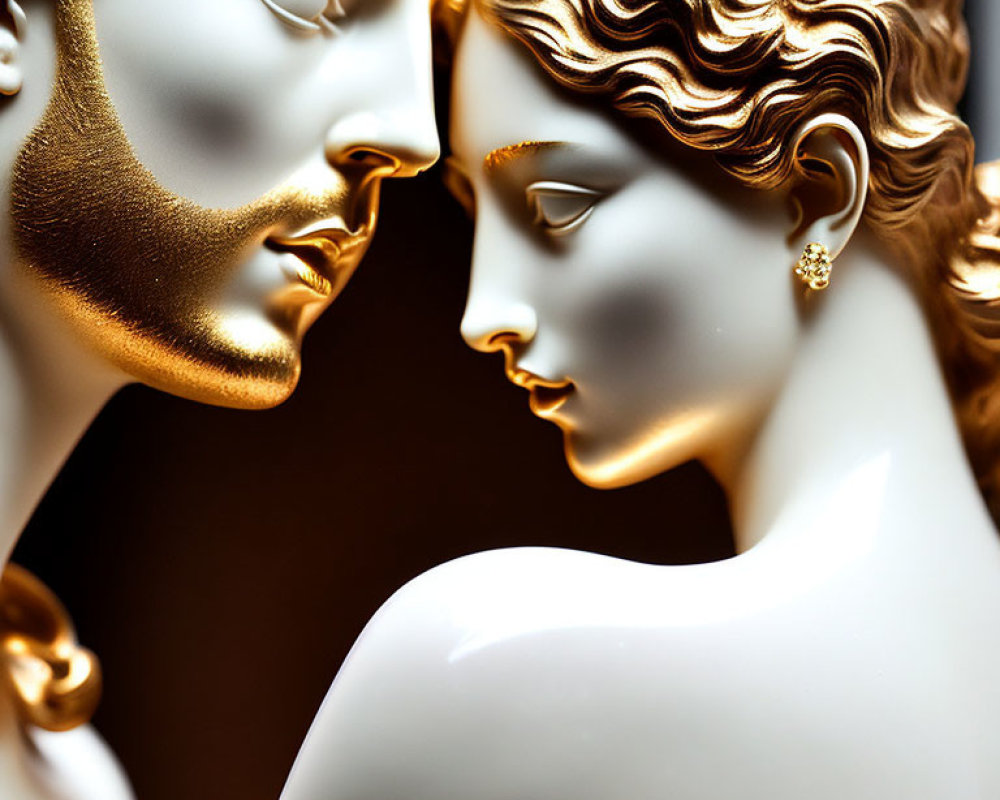 Classical statues: Golden & white finishes, intimate moment between man & woman