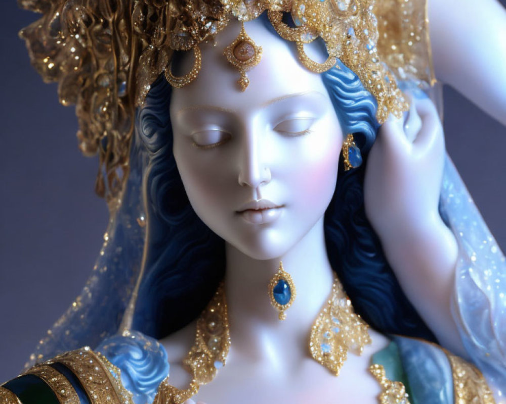 Intricate Blue-Skinned Woman Bust with Elaborate Gold Jewelry