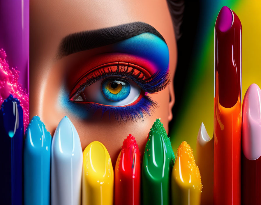 Multicolored eyeshadow mimicking melting crayons in vibrant makeup concept