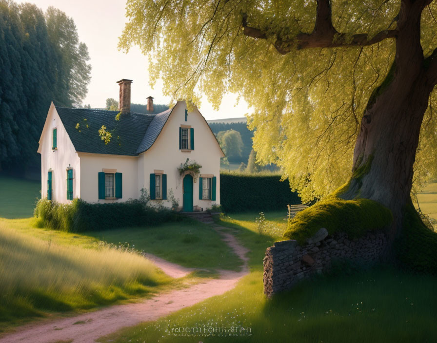 White Thatched Roof Cottage in Sunlit Meadow