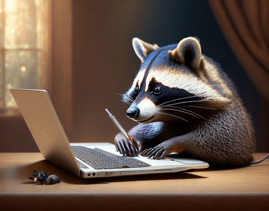 Raccoon using laptop with pen near window