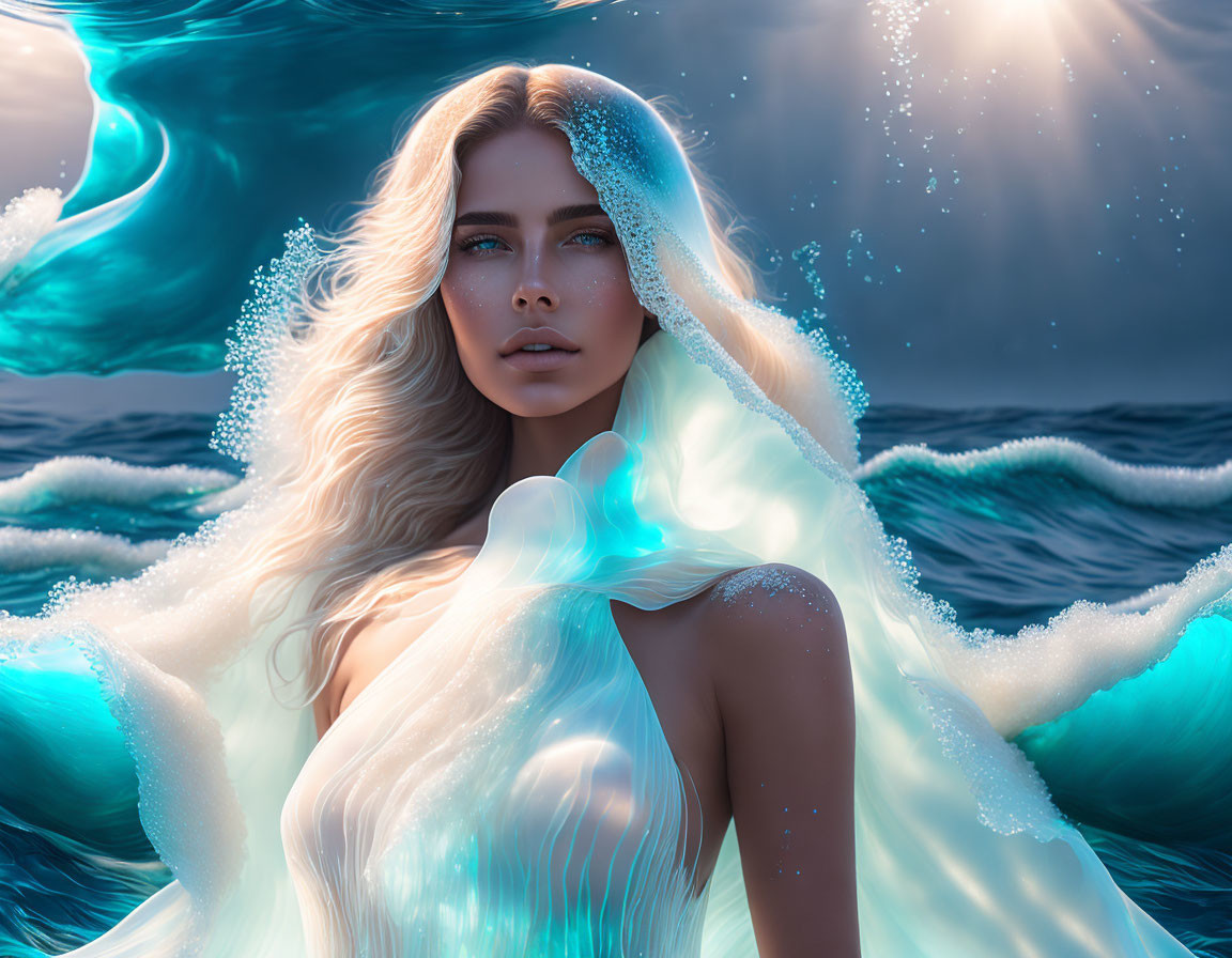 Digital artwork: Woman merging with ocean waves under sunlit sky