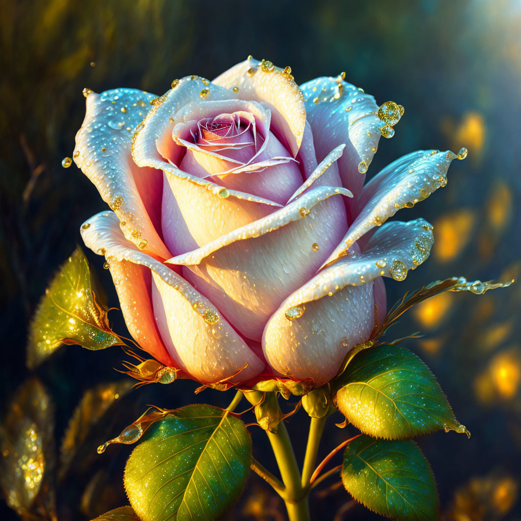 Dew-kissed pink rose with droplets in warm light