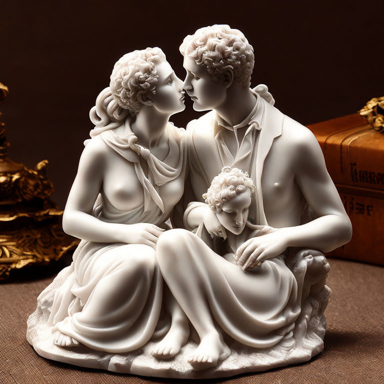 White Porcelain Family Sculpture on Brown Background