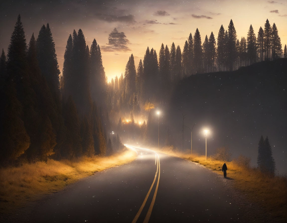 Twilight scene: Person by streetlit winding road in misty forest with car light trails