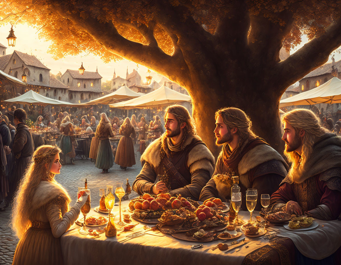 Medieval-themed group dining under tree with market backdrop