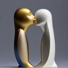 Abstract gold and white human-like figures kissing on gray background