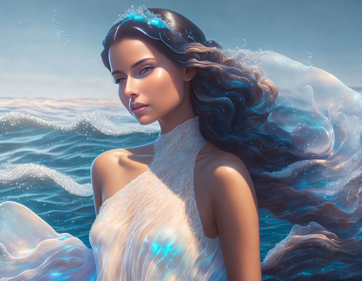 Digital artwork featuring woman with dark hair and ocean elements