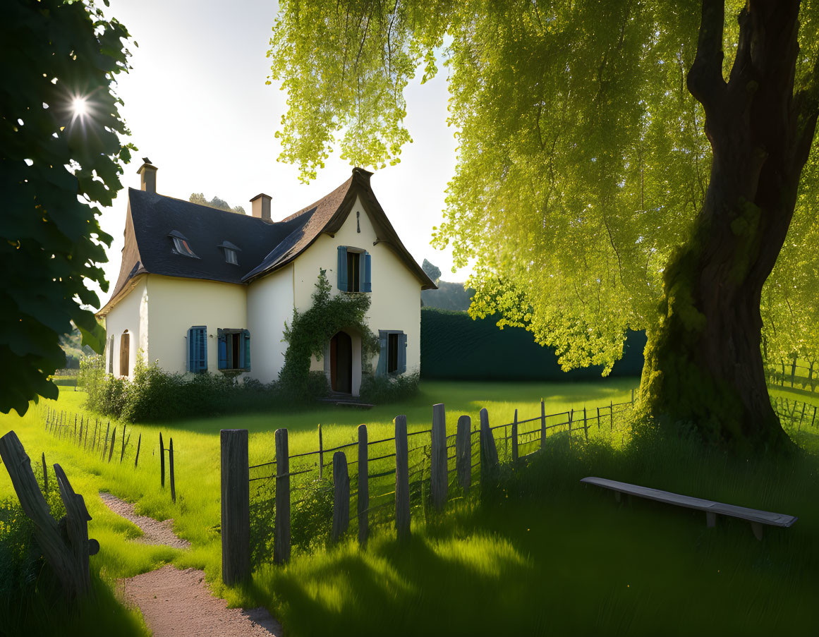 Tranquil rural landscape with sunny house, greenery, fence, and tree-shaded bench