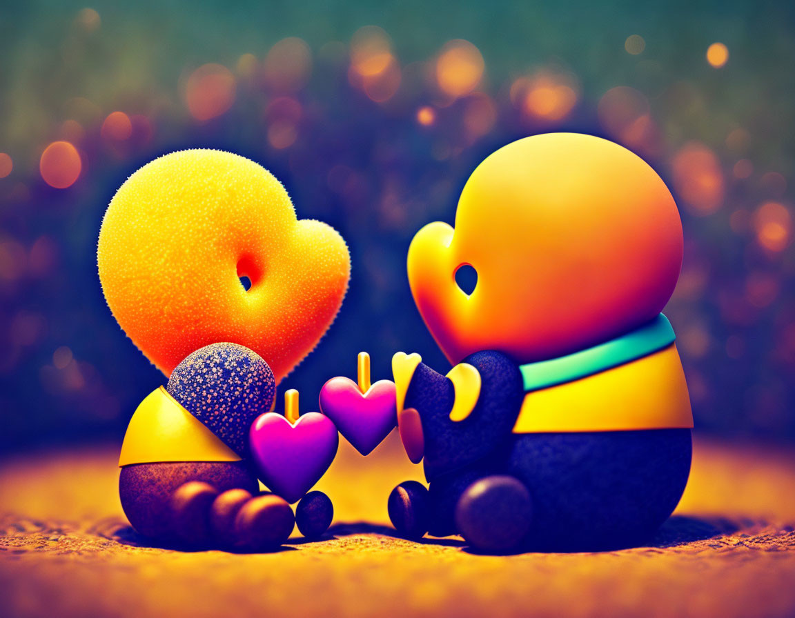 Stylized figures with heart symbols on warm bokeh background