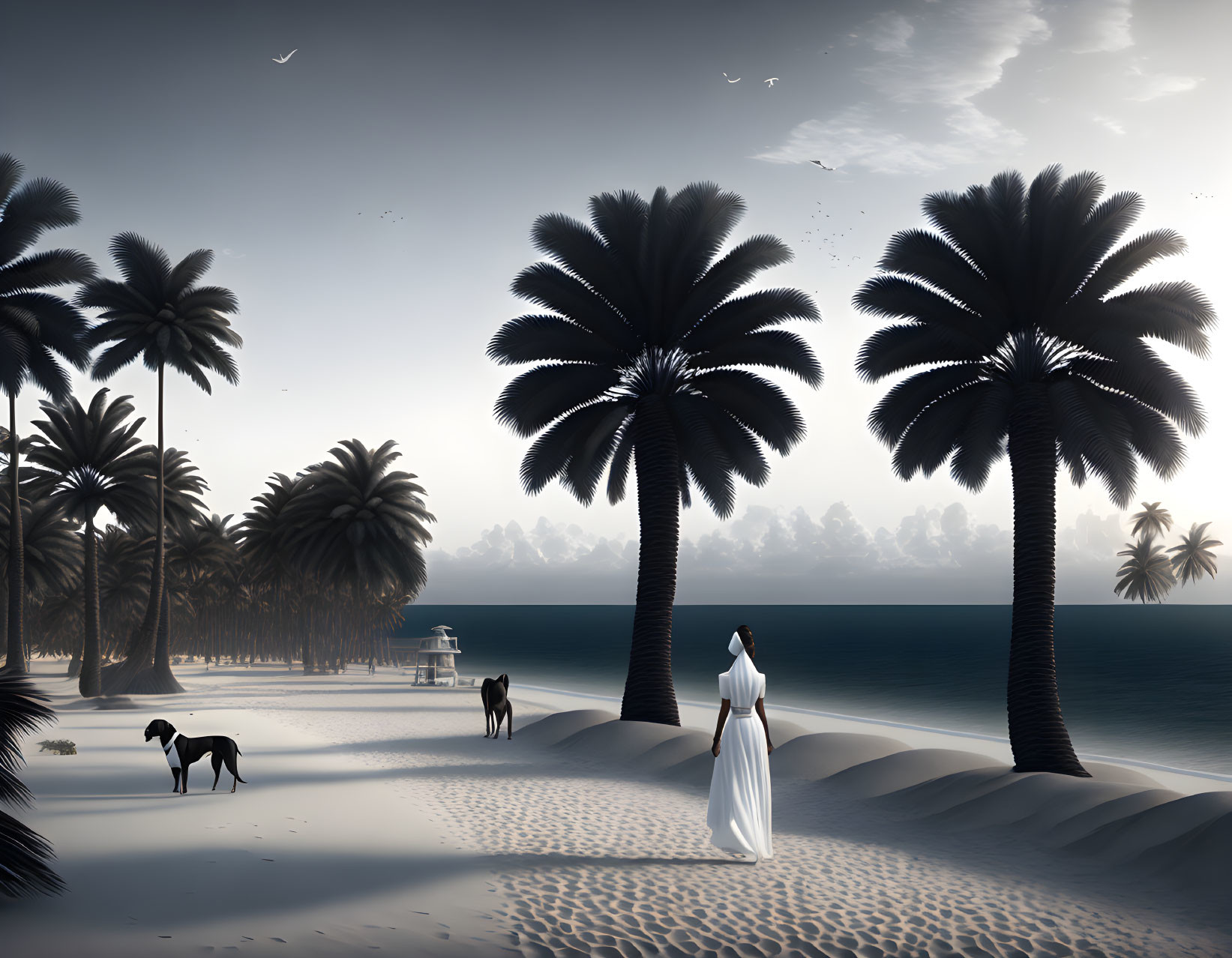 Tranquil beach scene at dusk with palm trees, horses, and person in white.