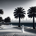 Tranquil beach scene at dusk with palm trees, horses, and person in white.