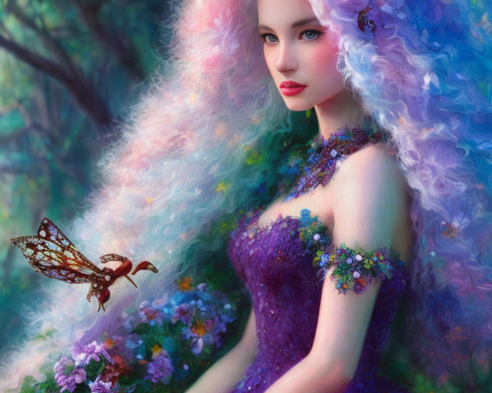 Digital Artwork: Woman with Pastel Hair, Purple Dress, Flowers, Butterfly