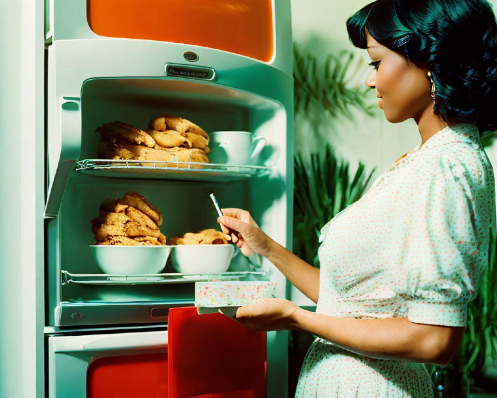 Vintage-dressed woman writing at a stocked retro refrigerator.