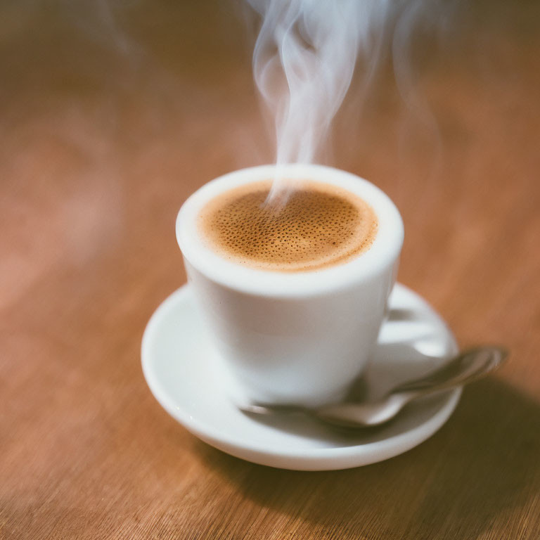 Steaming cup of coffee on wooden surface with saucer and spoon