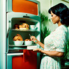 Vintage-dressed woman writing at a stocked retro refrigerator.