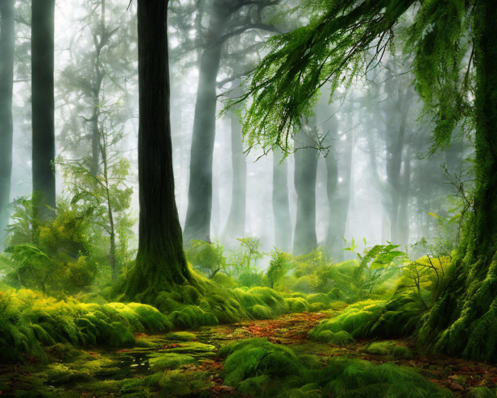 Lush Green Forest with Sunlight, Moss, Ferns, and Fog