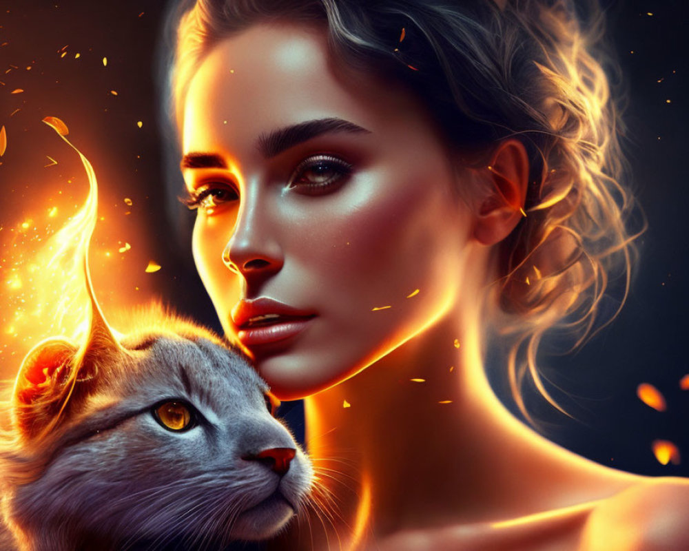 Digital artwork: Woman with glowing skin and cat with fiery horn in ember-filled scene.