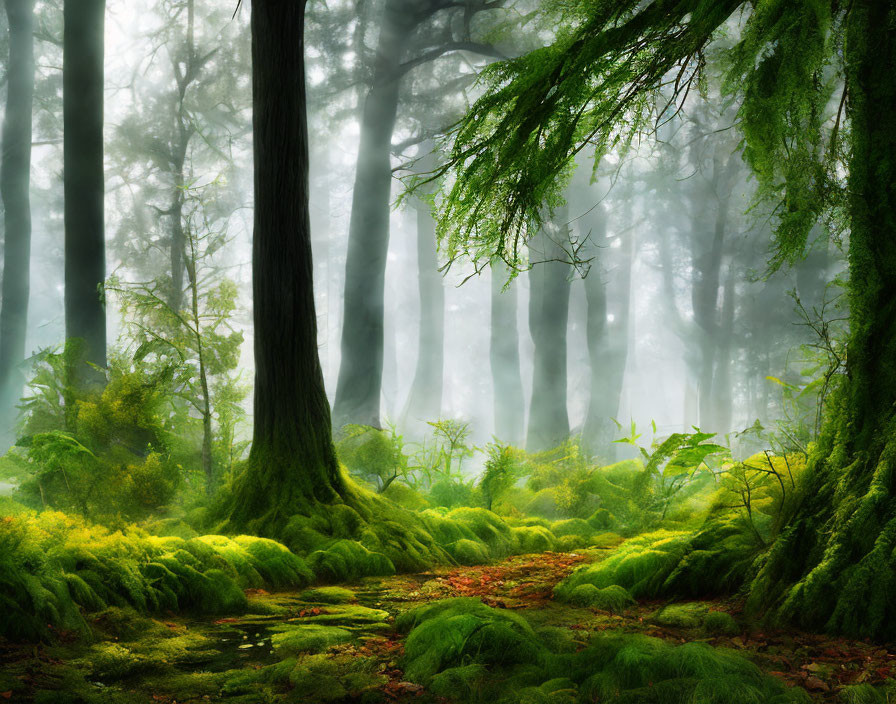 Lush Green Forest with Sunlight, Moss, Ferns, and Fog