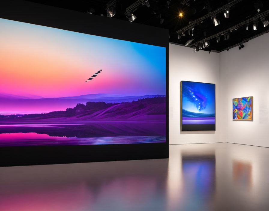 Vibrant Landscape Photography and Colorful Abstract Paintings in Modern Art Gallery