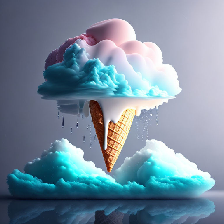 Surreal image: Upside down ice cream cone with cloud scoops on cloud background