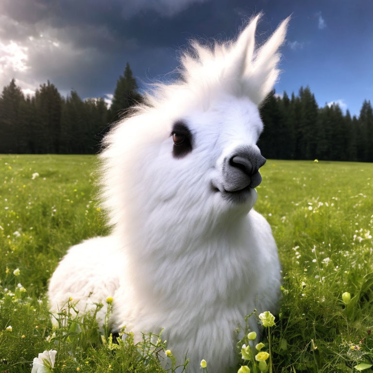 White Llama Sitting in Blooming Meadow under Dramatic Sky