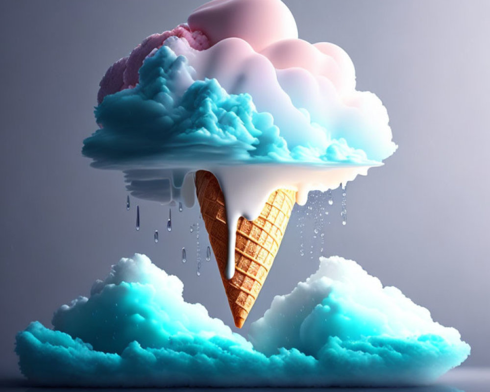 Surreal image: Upside down ice cream cone with cloud scoops on cloud background