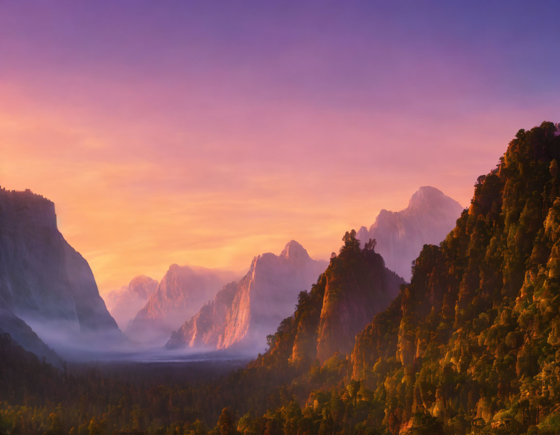Mountain Valley Sunrise: Misty Purple Skies & Sunlit Forest Peaks
