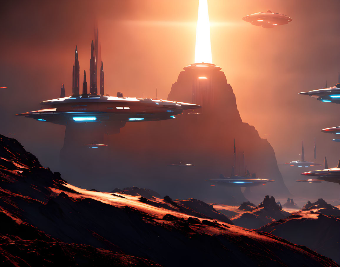 Futuristic sci-fi landscape with hovering spacecrafts and towering spires