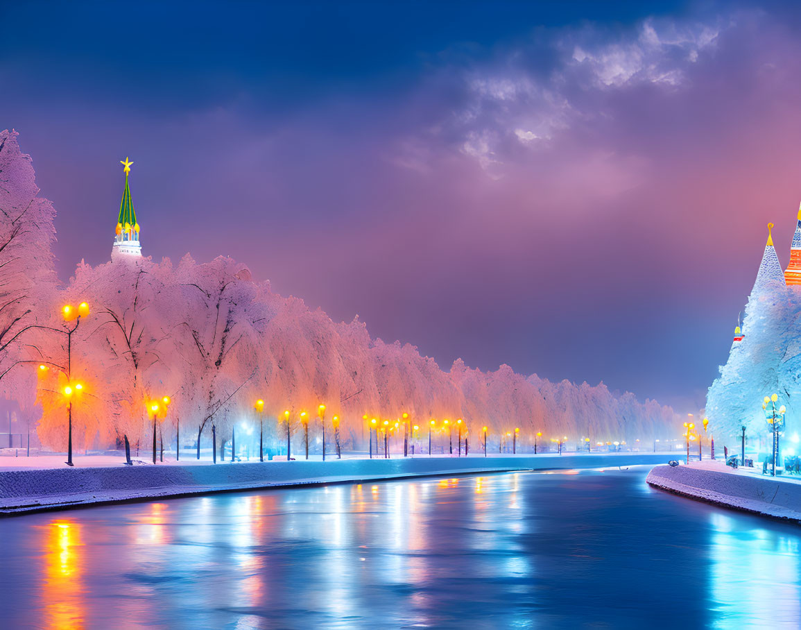 Winter river landscape with snow-covered trees and distant building under twilight sky