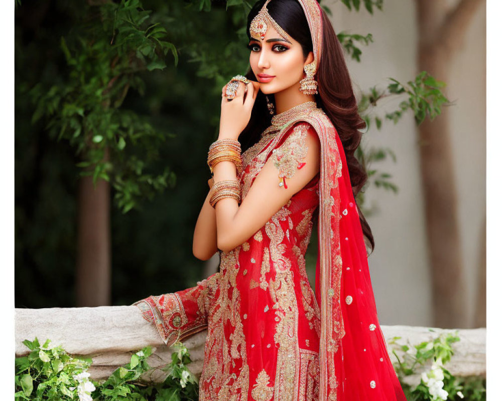 Elegant Woman in Red Lehenga with Traditional Jewelry