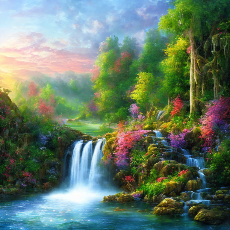 Tranquil waterfall and pond with lush foliage at sunrise