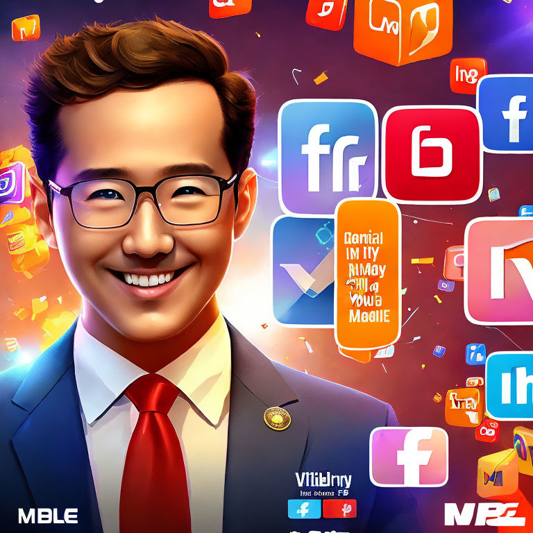 Smiling man in suit surrounded by social media icons