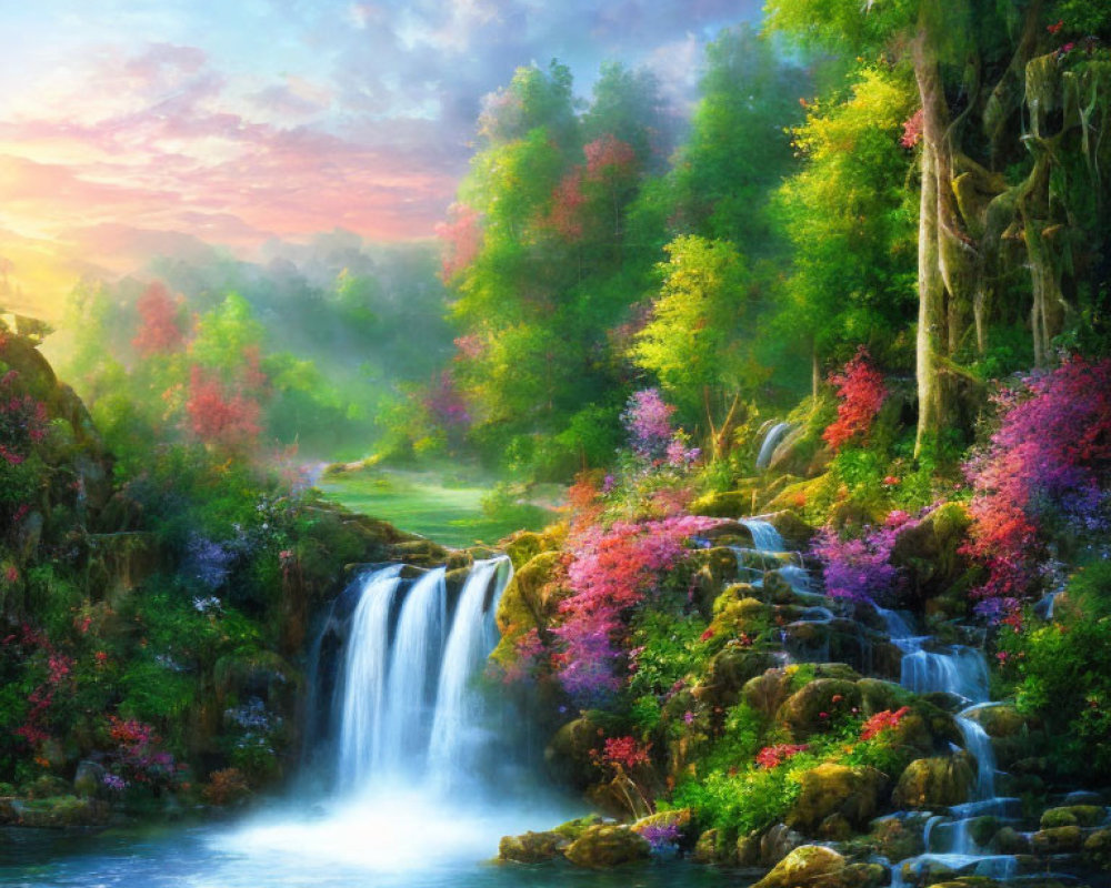 Tranquil waterfall and pond with lush foliage at sunrise