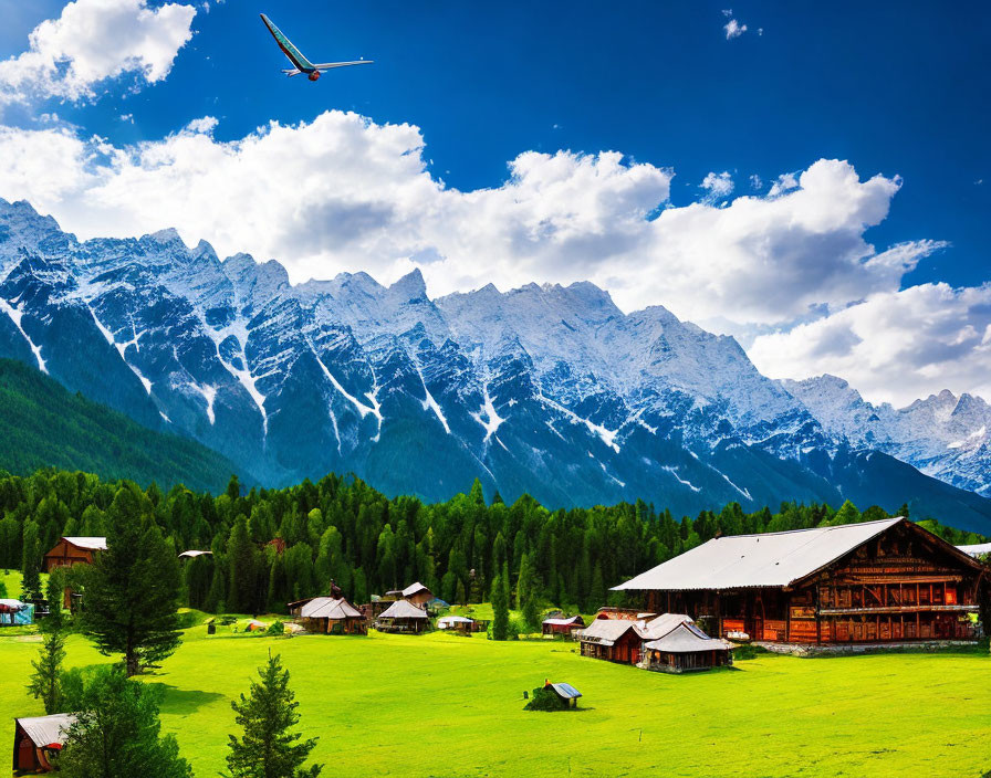 Picturesque village with wooden houses, snow-capped mountains, and glider in the sky