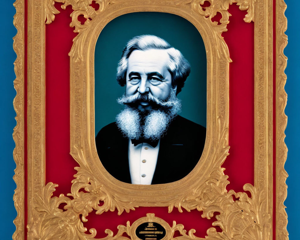 Gold-framed portrait of man with white hair and beard in bow tie and suit