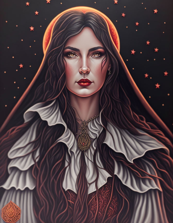 Woman with Dark Hair in Red and White Cloak: Celestial Motifs & Pendant Necklace