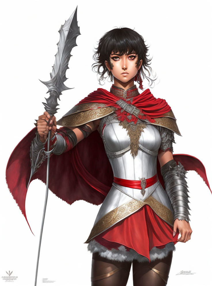 Female warrior illustration: dark hair, silver armor, red cape, ornate halberd