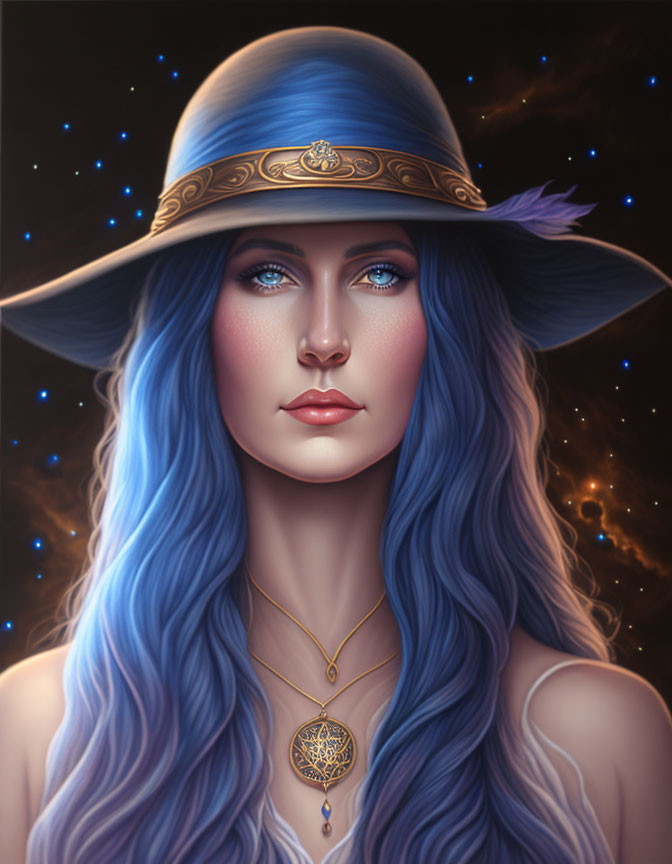 Digital portrait of woman with blue hair and eyes, wide-brimmed hat, pendant, against star